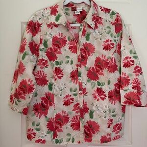 J M Collection Button Down Linen Top Floral NWOT 14 Petite